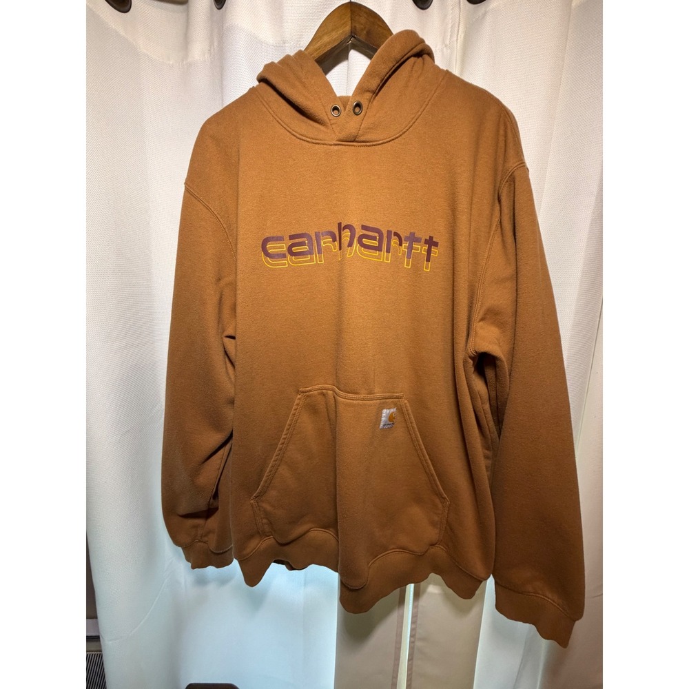 Carhartt Rain Defender Hoodie Mens 2XL Loose Fit Brown Graphic Logo TS5679-M